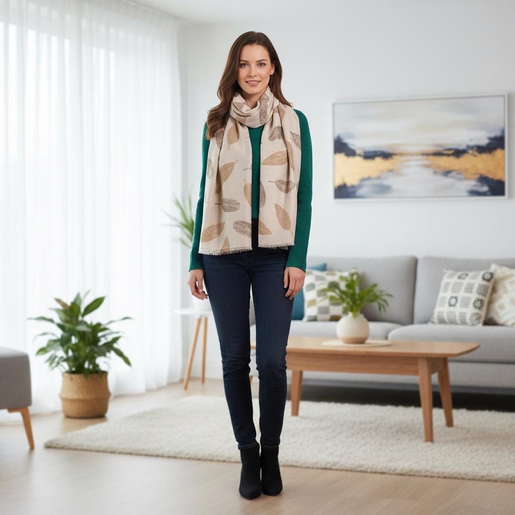 Beige Leaf Print Scarf | Neutral Taupe Botanical Wrap | Women's Scarf Comes with a gift bag