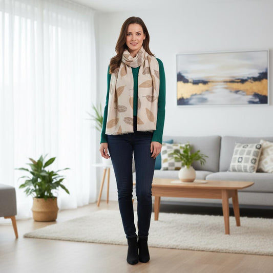 Beige Leaf Print Scarf | Neutral Taupe Botanical Wrap | Women's Scarf Comes with a gift bag