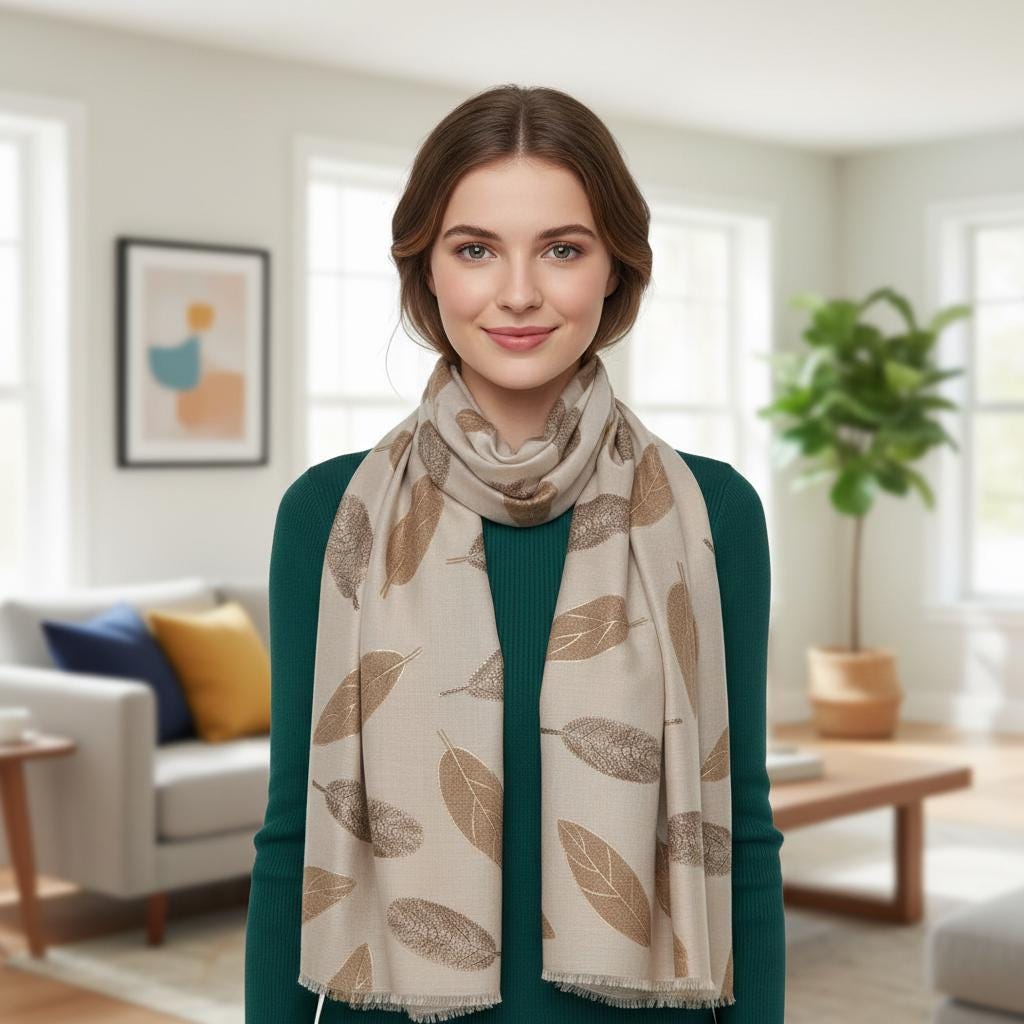 Beige Leaf Print Scarf | Neutral Taupe Botanical Wrap | Women's Scarf Comes with a gift bag