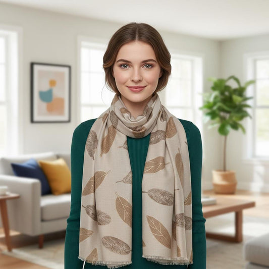 Beige Leaf Print Scarf | Neutral Taupe Botanical Wrap | Women's Scarf Comes with a gift bag