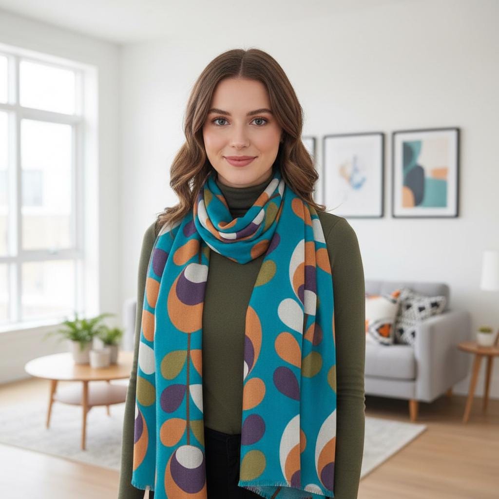 Blue Retro Vine Print Scarf | Mod Leaf Wrap | Women's Statement Scarf Comes with a gift bag