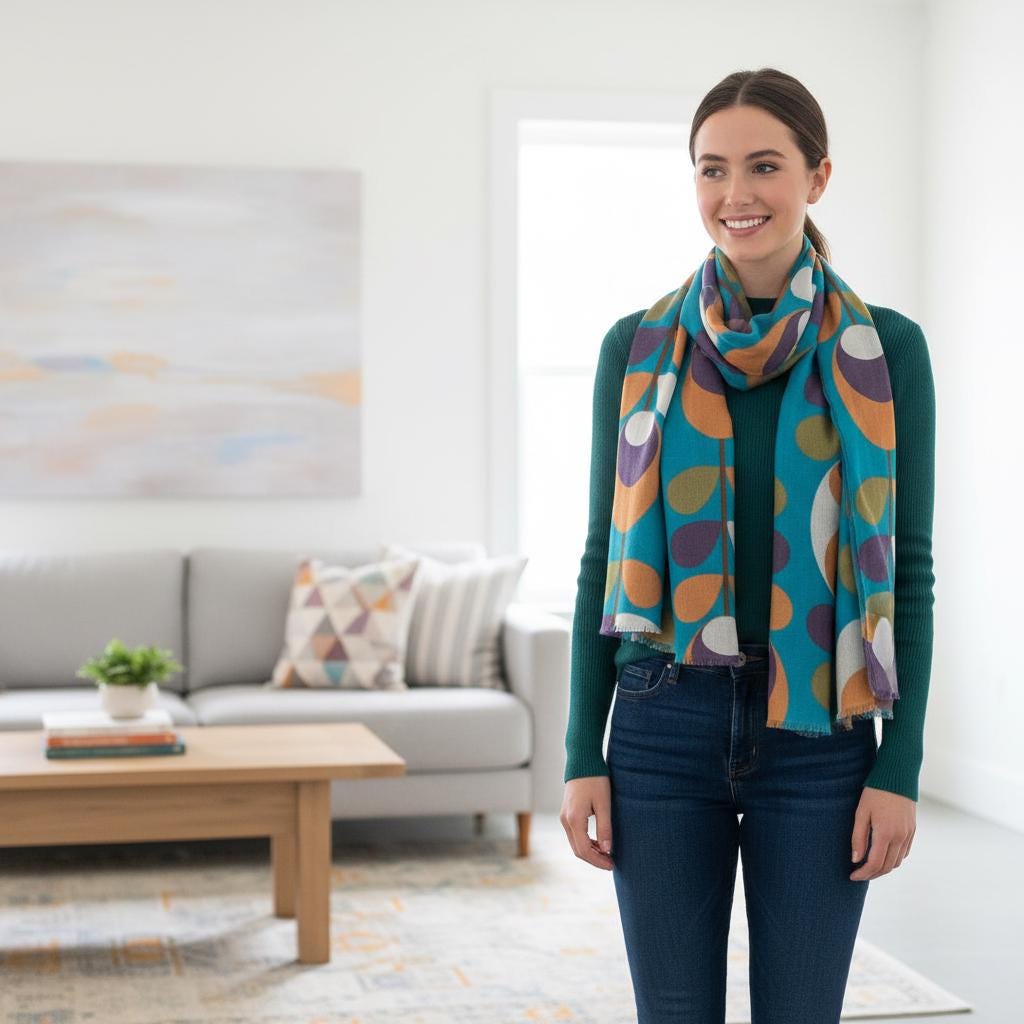 Blue Retro Vine Print Scarf | Mod Leaf Wrap | Women's Statement Scarf Comes with a gift bag