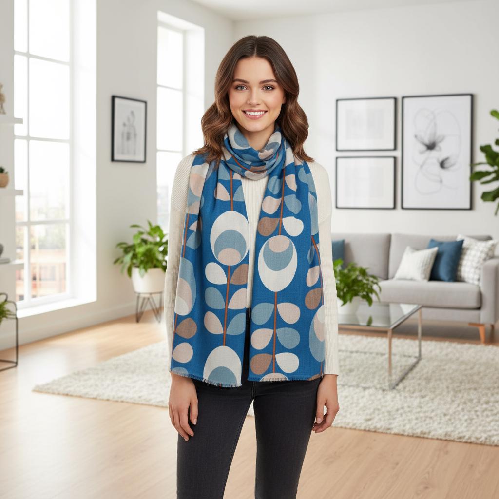 Blue Retro Vine Print Scarf | Mod Leaf Wrap | Women's Statement Scarf Comes with a gift bag