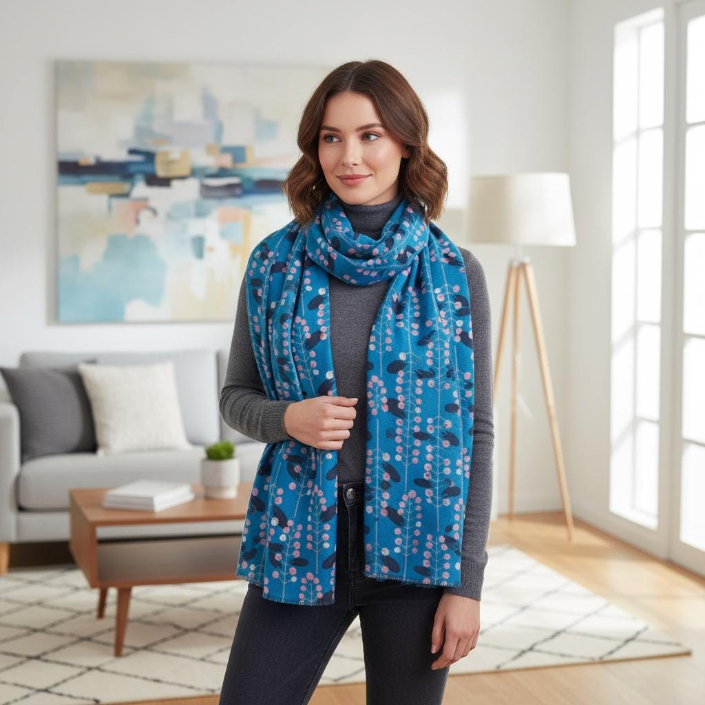 Berry Sprig Print Scarf | Teal or Navy Floral Wrap | Women's Scarf Comes with a gift bag