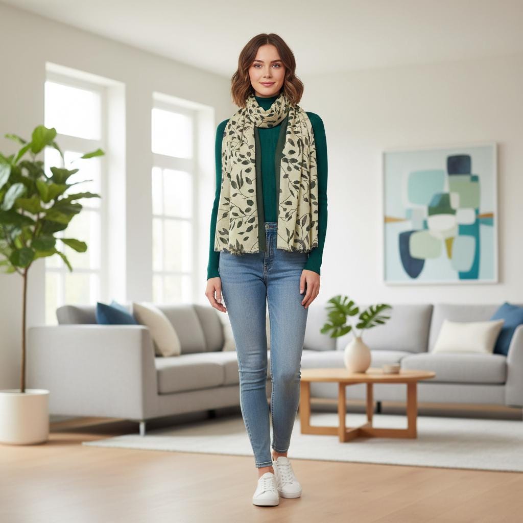 Cream Leaf Print Scarf | Khaki Green Border Wrap | Women's Botanical Scarf Comes with a gift bag