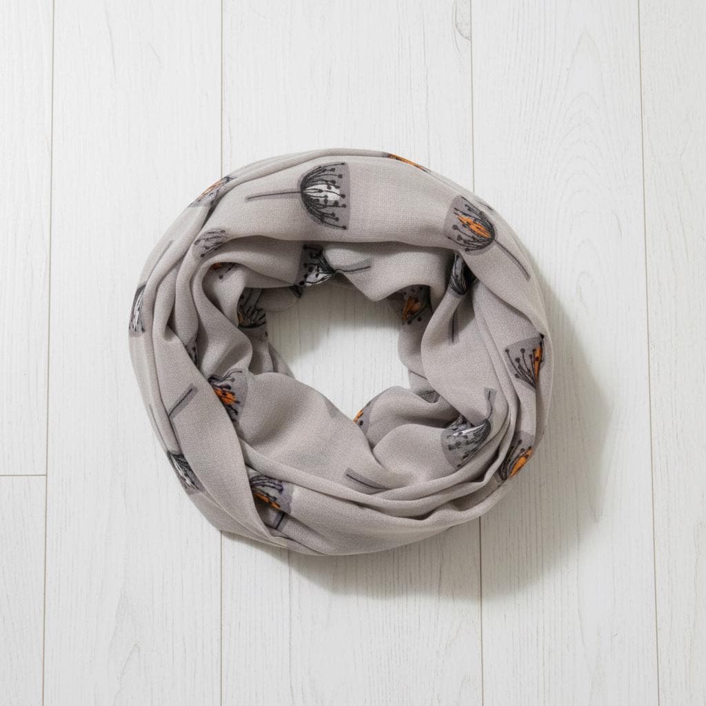 Dandelion Print Infinity Scarf | Grey Orange Loop Wrap | Women's Snood Comes with a gift bag