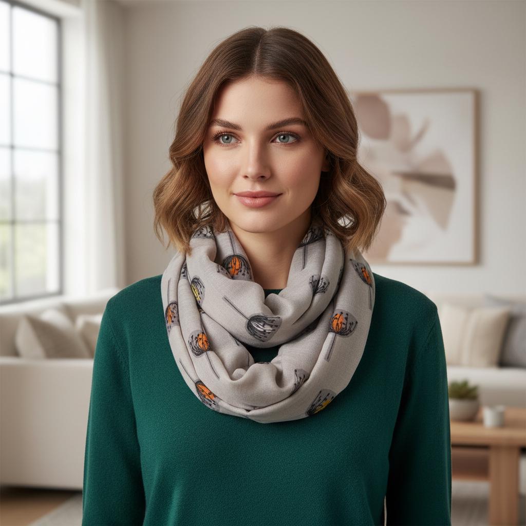 Dandelion Print Infinity Scarf | Grey Orange Loop Wrap | Women's Snood Comes with a gift bag