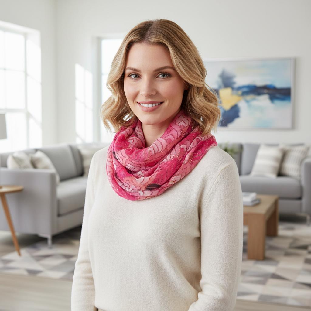 Lightweight Glitter Metallic Geo Print Infinity Scarf | Beige Teal or Pink Loop Wrap Comes with a gift bag