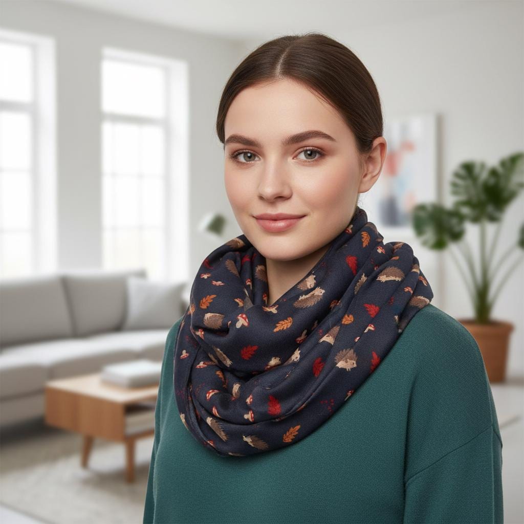 Hedgehog Infinity Scarf | Navy Teal or Grey Loop Wrap | Women's Scarf Comes with a gift bag