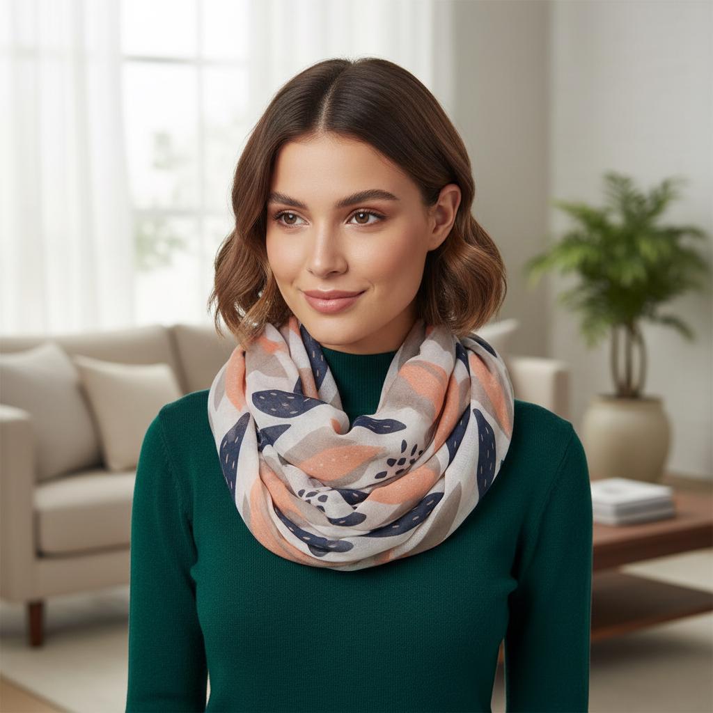 Leaf Print Infinity Scarf | Navy Peach Botanical Loop | Women's Scarf Comes with a gift bag
