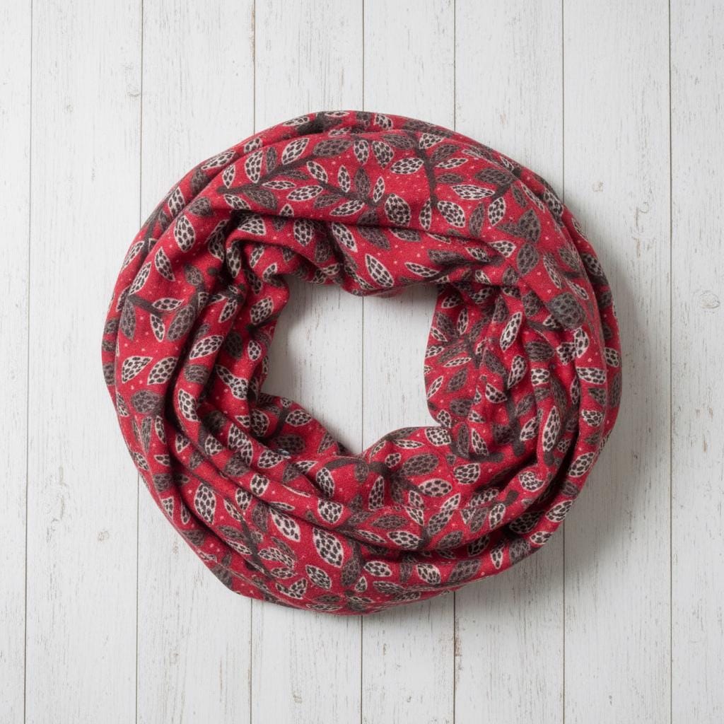 Leaf Print Infinity Scarf | Berry or Red Botanical Loop | Women's Scarf Comes with a gift bag