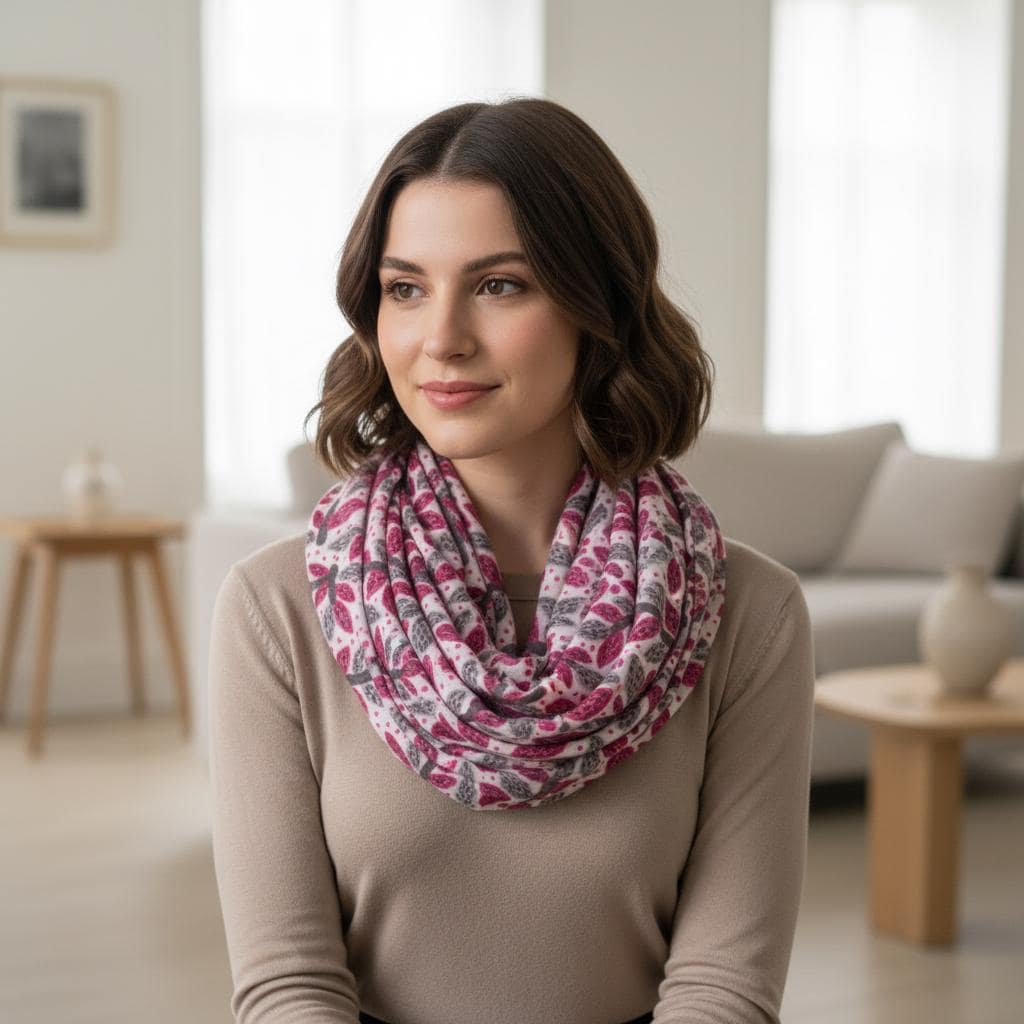 Leaf Print Infinity Scarf | Berry or Red Botanical Loop | Women's Scarf Comes with a gift bag