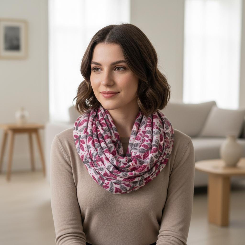 Leaf Print Infinity Scarf | Berry or Red Botanical Loop | Women's Scarf Comes with a gift bag