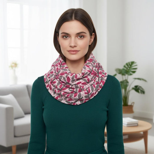 Leaf Print Infinity Scarf | Berry or Red Botanical Loop | Women's Scarf Comes with a gift bag