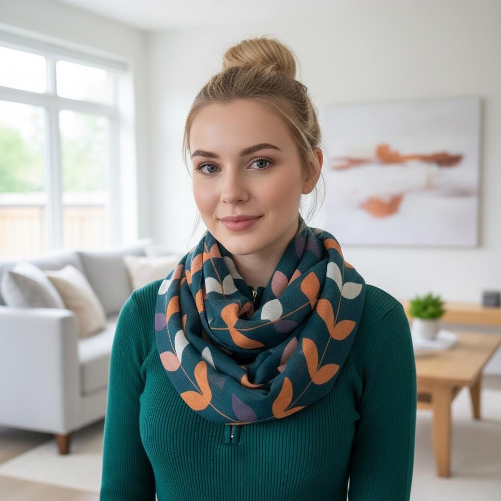Teal Vine Print Infinity Scarf | Orange Rust Leaf Loop | Women's ScarfComes with a gift bag