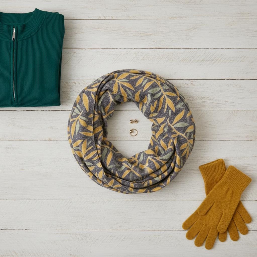 Mustard Leaf Print Infinity Scarf | Grey Sage Botanical Loop | Scarf Comes with a gift bag