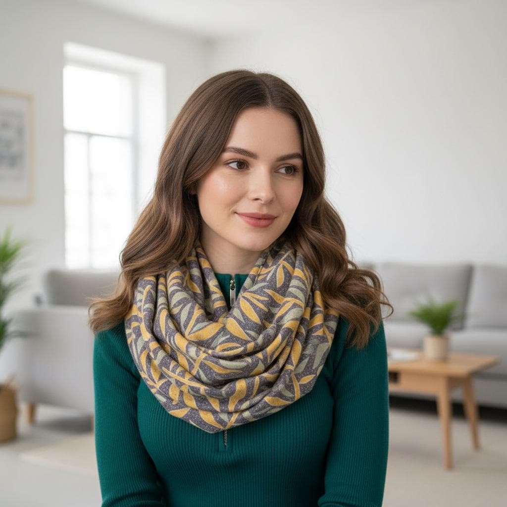 Mustard Leaf Print Infinity Scarf | Grey Sage Botanical Loop | Scarf Comes with a gift bag
