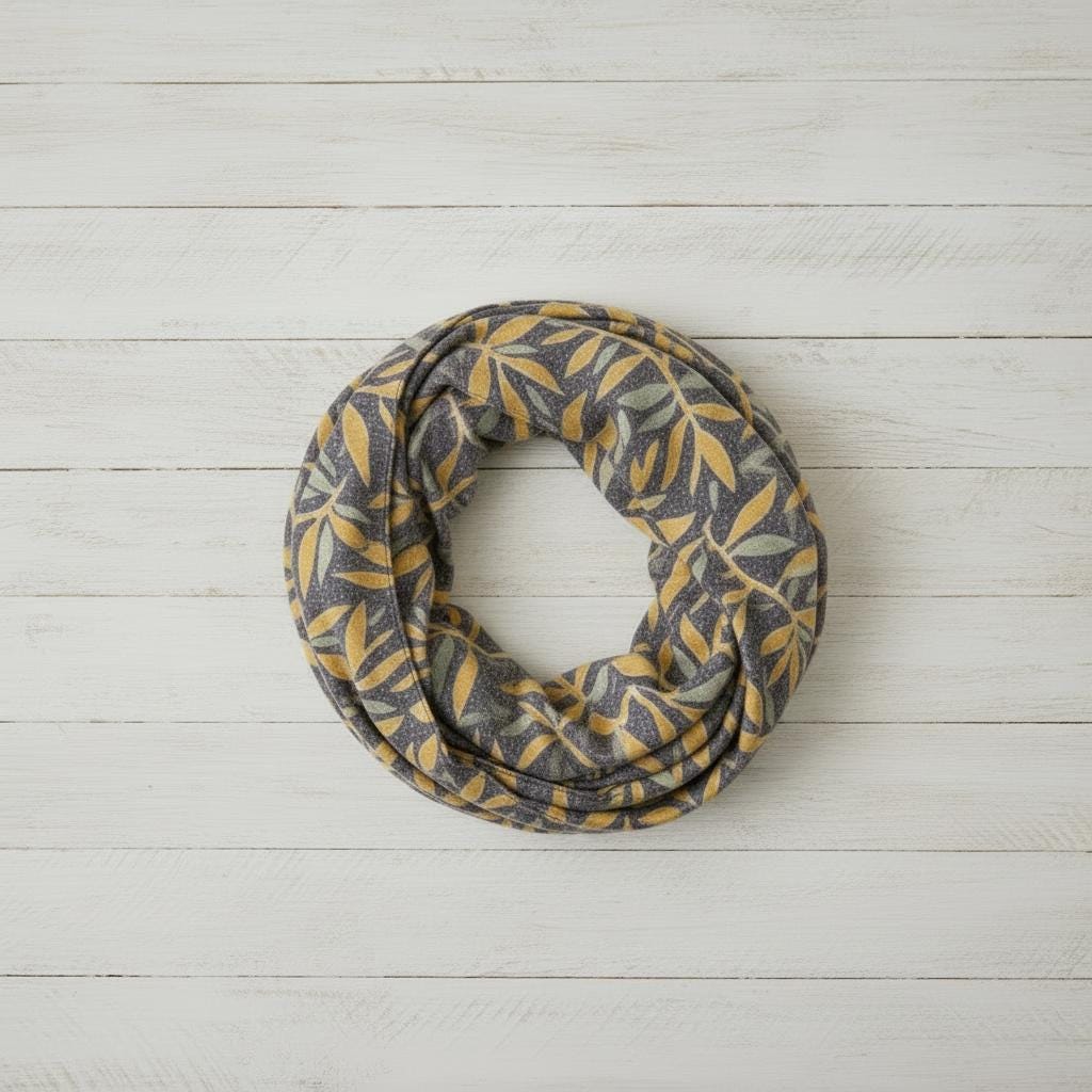 Mustard Leaf Print Infinity Scarf | Grey Sage Botanical Loop | Scarf Comes with a gift bag