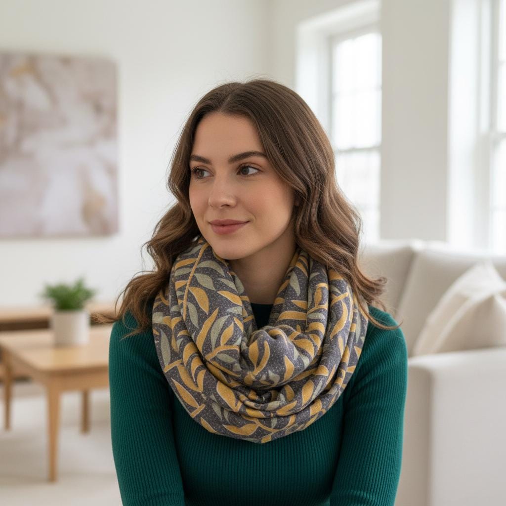 Mustard Leaf Print Infinity Scarf | Grey Sage Botanical Loop | Scarf Comes with a gift bag