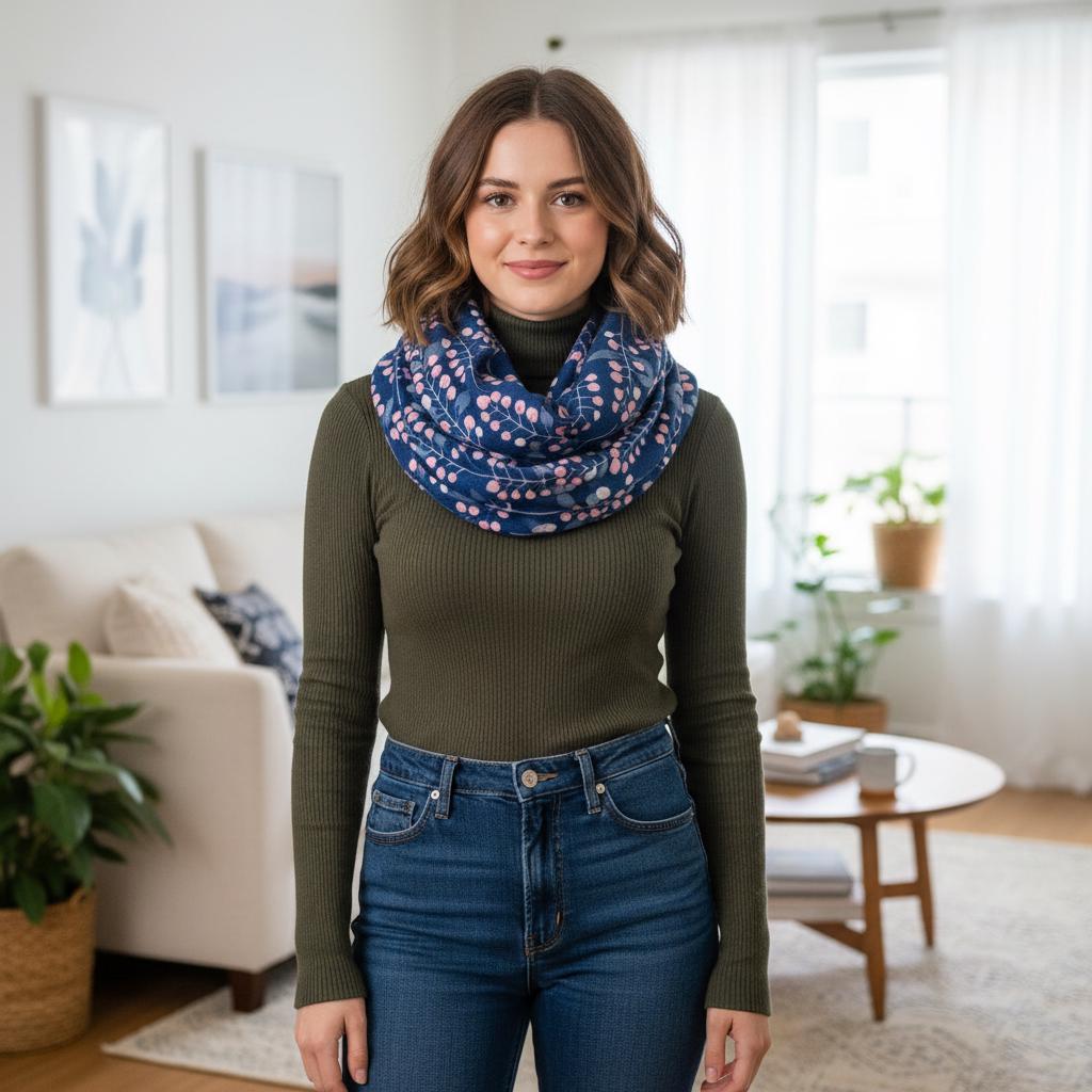 Berry Sprig Print Infinity Scarf | Teal or Navy Loop Wrap | Scarf Comes with a gift bag