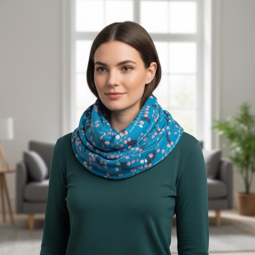 Berry Sprig Print Infinity Scarf | Teal or Navy Loop Wrap | Scarf Comes with a gift bag