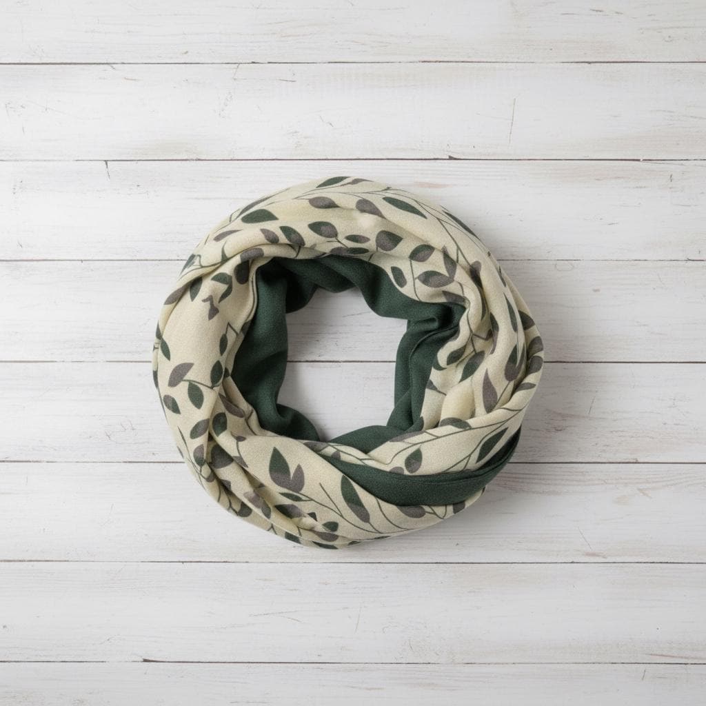 Cream Leaf Print Infinity Scarf | Green Cream Two-Tone Loop | Scarf Comes with a gift bag