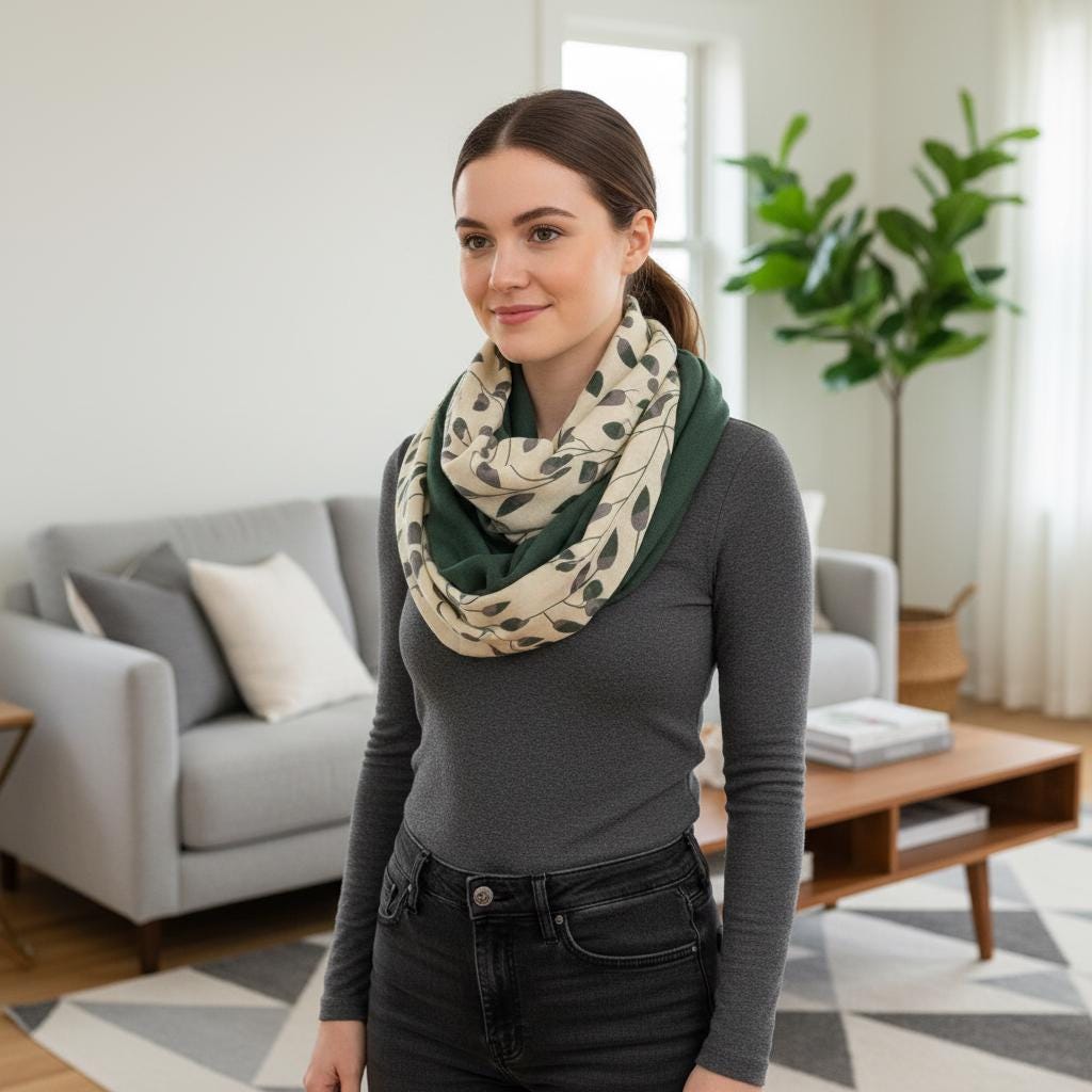 Cream Leaf Print Infinity Scarf | Green Cream Two-Tone Loop | Scarf Comes with a gift bag