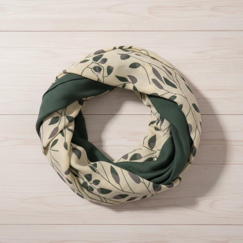 Cream Leaf Print Infinity Scarf | Green Cream Two-Tone Loop | Scarf Comes with a gift bag