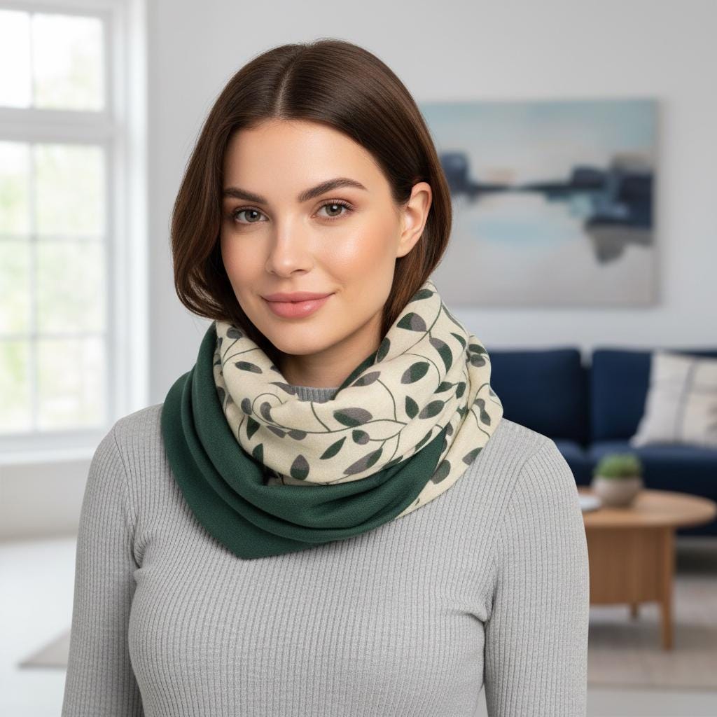 Cream Leaf Print Infinity Scarf | Green Cream Two-Tone Loop | Scarf Comes with a gift bag