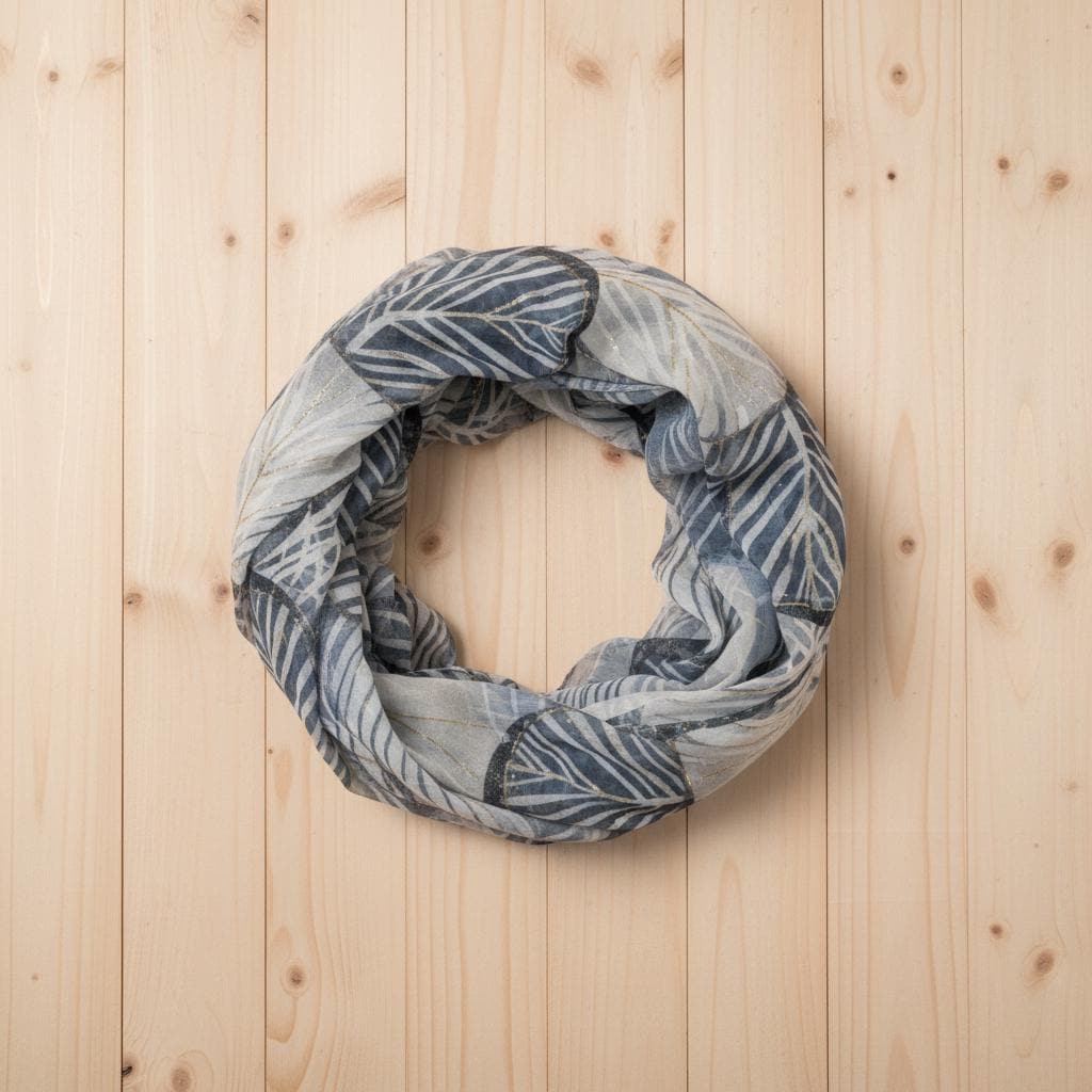 Grey Navy Leaf Print Infinity Scarf | Gold Metallic Loop | Scarf with a gift bag