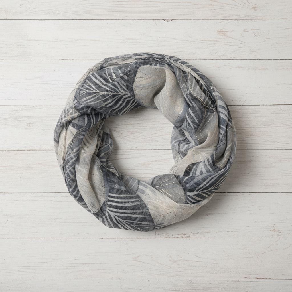 Grey Navy Leaf Print Infinity Scarf | Gold Metallic Loop | Scarf with a gift bag