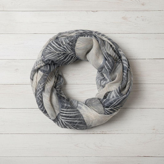 Grey Navy Leaf Print Infinity Scarf | Gold Metallic Loop | Scarf with a gift bag