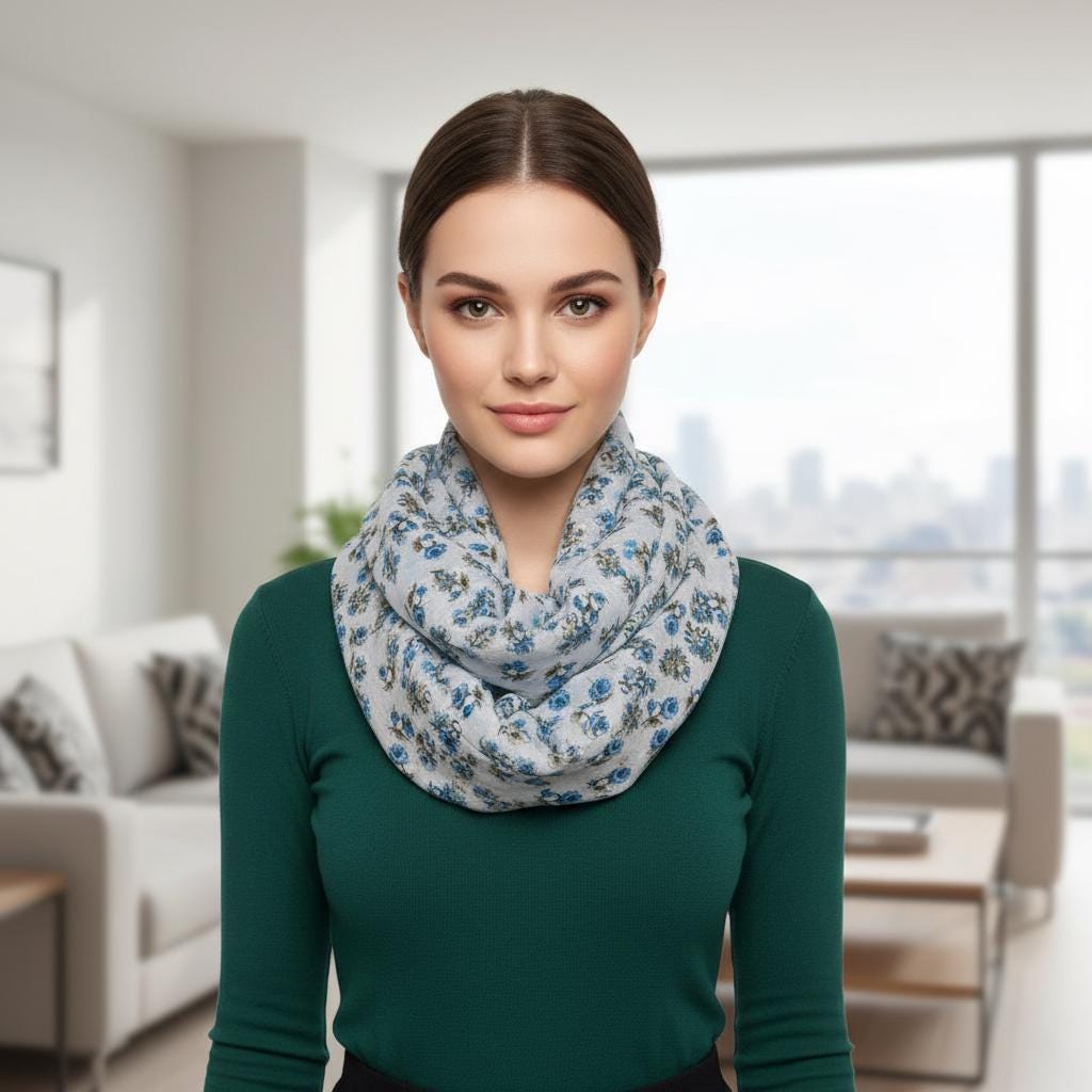 Ditsy Floral Print Infinity Scarf | Blue Off white Vintage Loop | Scarf Comes with a gift bag