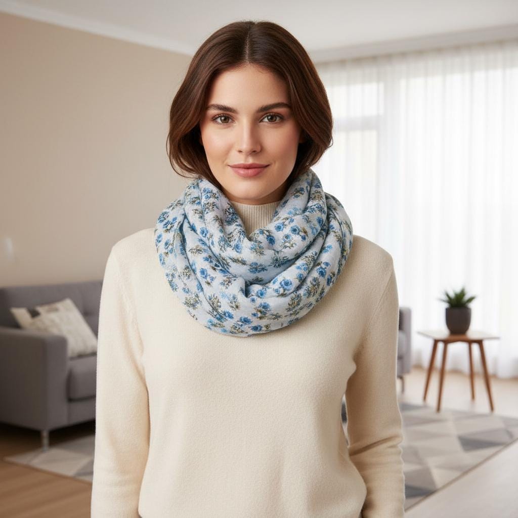 Ditsy Floral Print Infinity Scarf | Blue Off white Vintage Loop | Scarf Comes with a gift bag