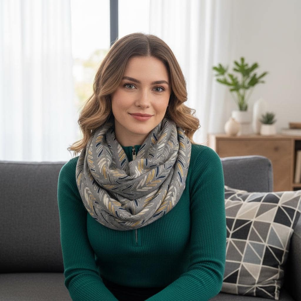 Grey Leaf Print Infinity Scarf | Navy Mustard Loop Wrap | Scarf Comes with a gift bag