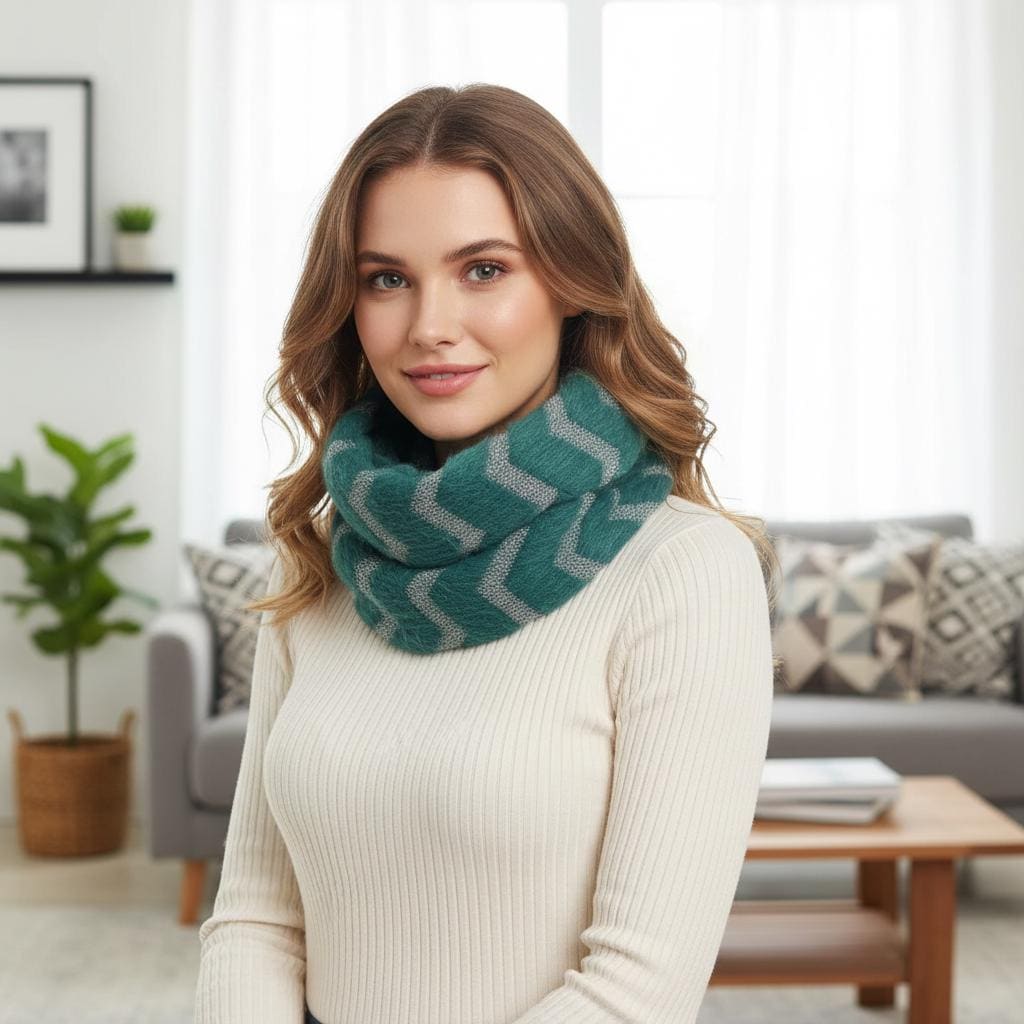 Fuzzy Zigzag Knitted Snood | Silver Metallic Winter Loop Scarf For Winter Comes with a gift bag