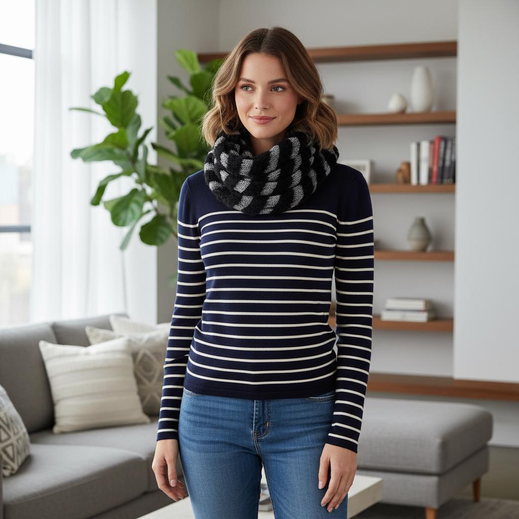 Fuzzy Zigzag Knitted Snood | Silver Metallic Winter Loop Scarf For Winter Comes with a gift bag