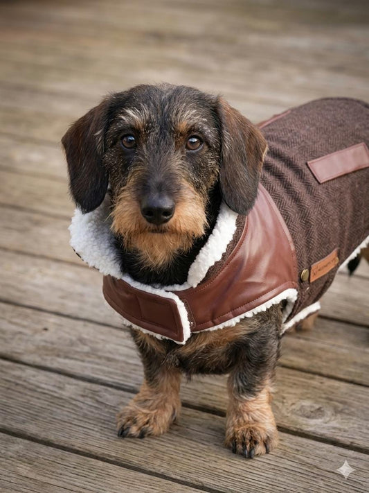 Tweed & Faux Leather Dog Coat | Sherpa Lined Winter Jacket | Cozy Warm Pet Coat | Small Medium Dog Clothes | Handmade