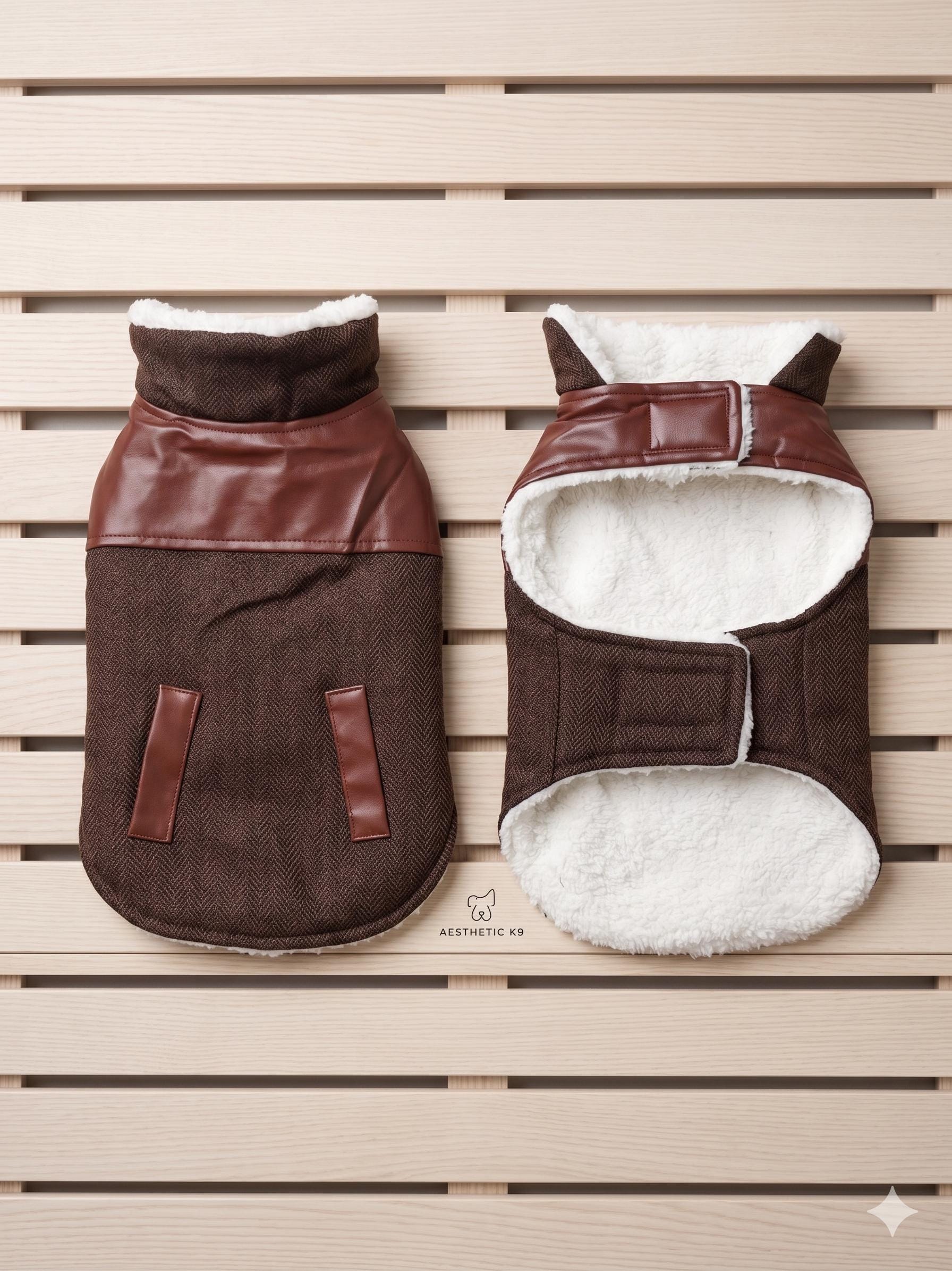 Tweed & Faux Leather Dog Coat | Sherpa Lined Winter Jacket | Cozy Warm Pet Coat | Small Medium Dog Clothes | Handmade