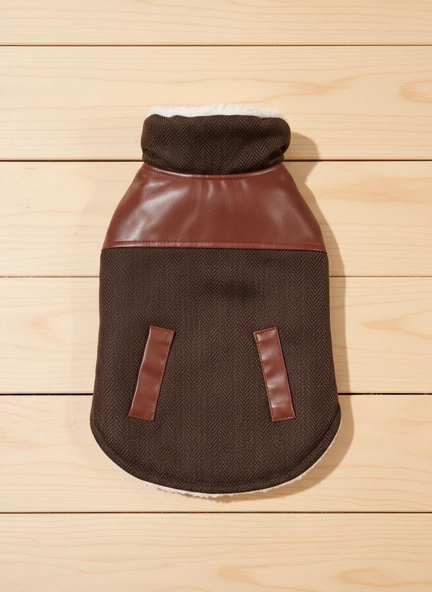 Tweed & Faux Leather Dog Coat | Sherpa Lined Winter Jacket | Cozy Warm Pet Coat | Small Medium Dog Clothes | Handmade