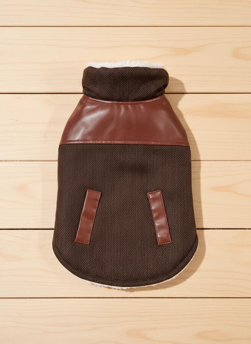 Tweed & Faux Leather Dog Coat | Sherpa Lined Winter Jacket | Cozy Warm Pet Coat | Small Medium Dog Clothes | Handmade