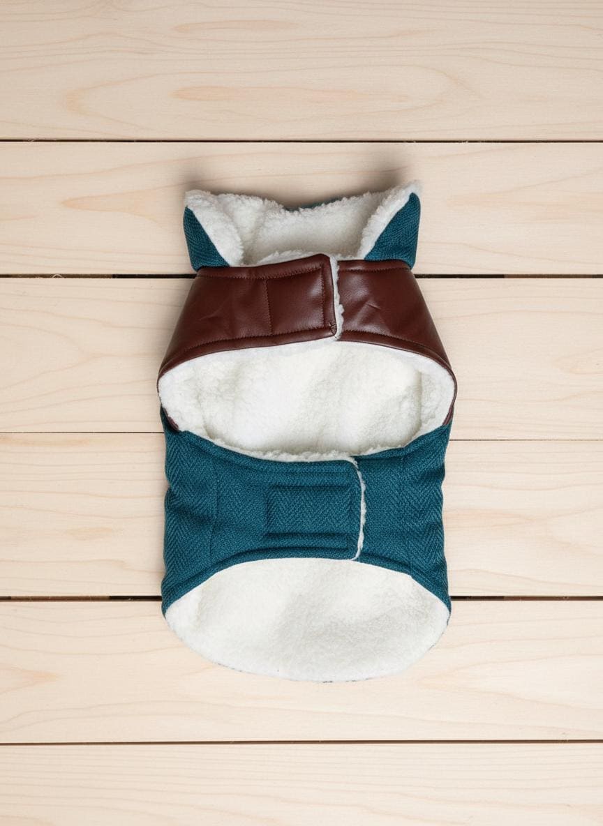 Tweed & Faux Leather Dog Coat | Sherpa Lined Winter Jacket | Cozy Warm Pet Coat | Small Medium Dog Clothes | Handmade