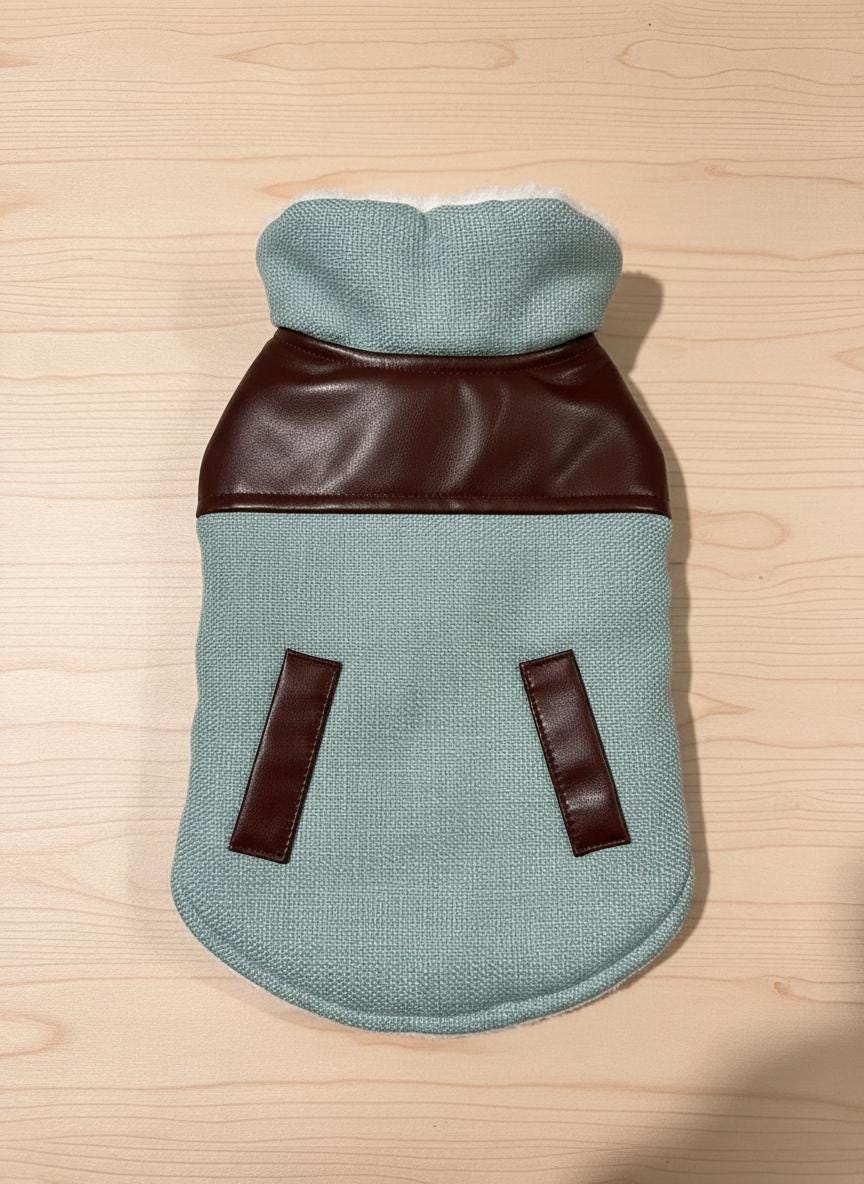 Tweed & Faux Leather Dog Coat | Sherpa Lined Winter Jacket | Cozy Warm Pet Coat | Small Medium Dog Clothes | Handmade