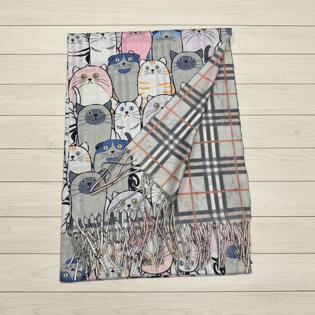 Cat Print Scarf: Cashmere Feel Shawl with Tassels Comes with a gift bag