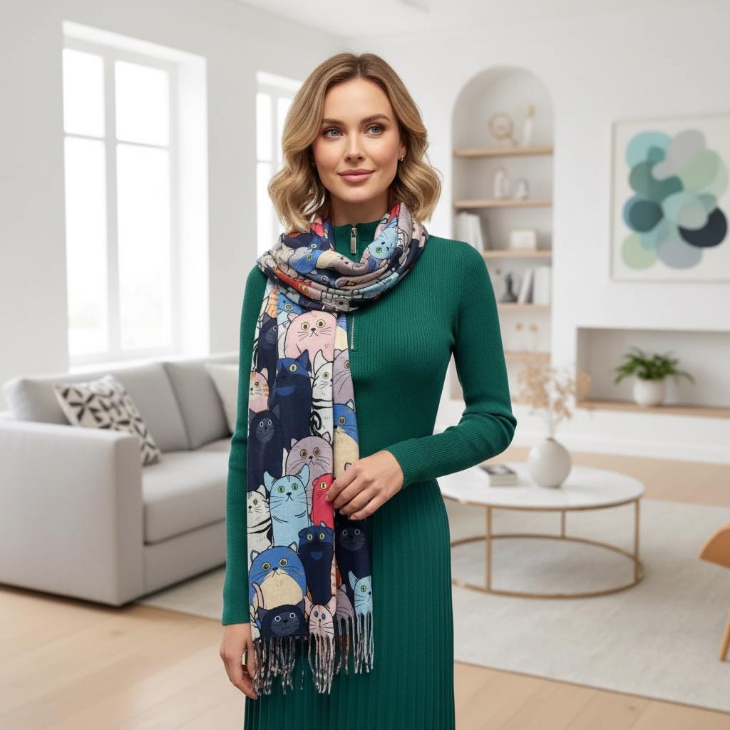 Cat Print Scarf: Cashmere Feel Shawl with Tassels Comes with a gift bag