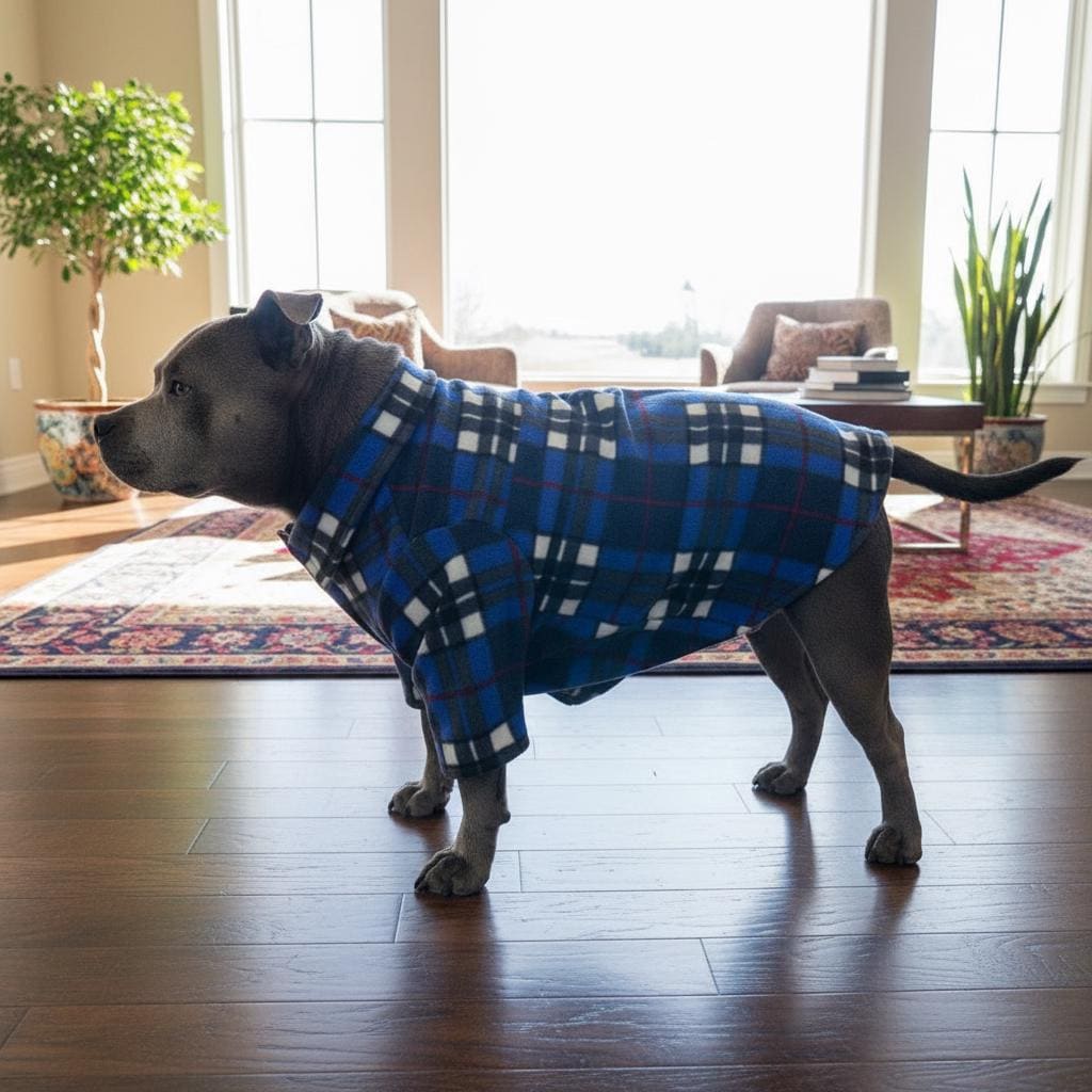 Keep your dog warm stylish in this handmade royal blue plaid fleece jacket! Features a fold-over collar, sleeves easy Velcro front.
