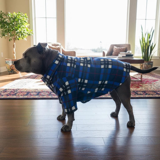 Keep your dog warm stylish in this handmade royal blue plaid fleece jacket! Features a fold-over collar, sleeves easy Velcro front.