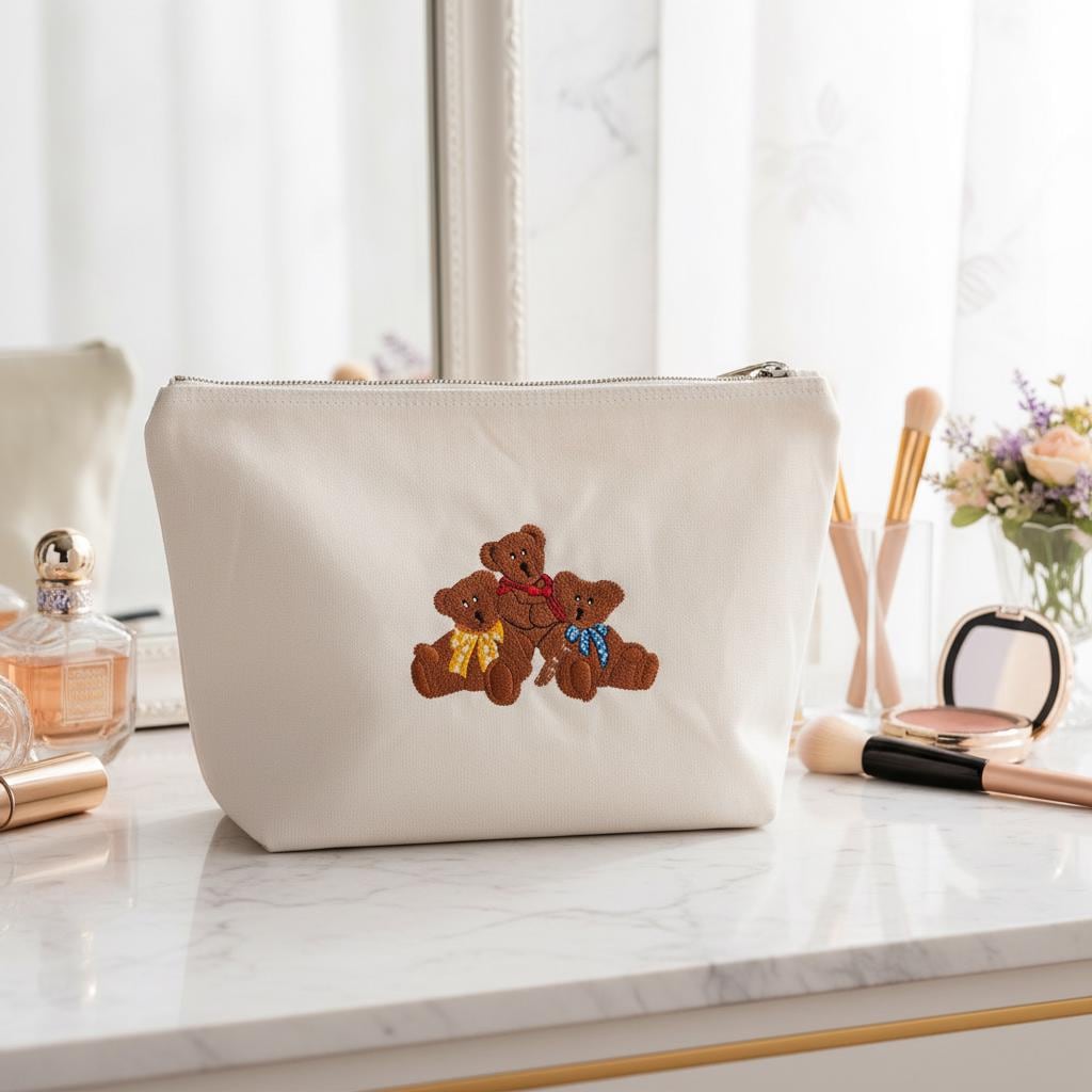 Embroidered Teddy Bear Zip Pouch | Canvas Makeup Bag | Cute Bear Cosmetic Bag | Gift for Her | Kids Toiletry Bag