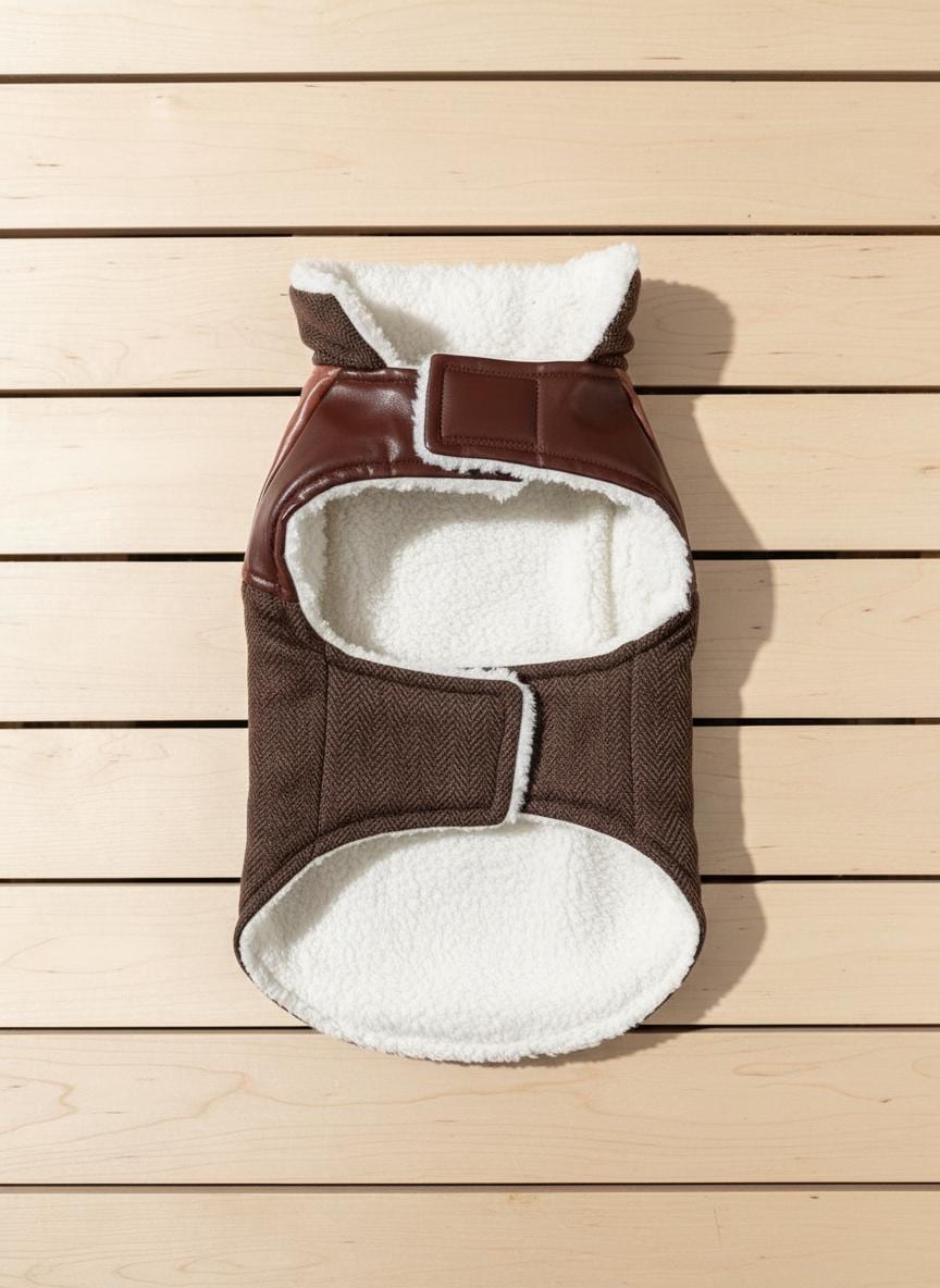 Tweed & Faux Leather Dog Coat | Sherpa Lined Winter Jacket | Cozy Warm Pet Coat | Small Medium Dog Clothes | Handmade