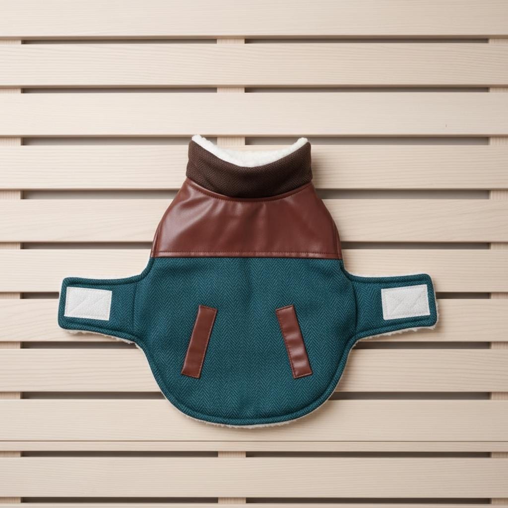 Tweed & Faux Leather Dog Coat | Sherpa Lined Winter Jacket | Cozy Warm Pet Coat | Small Medium Dog Clothes | Handmade